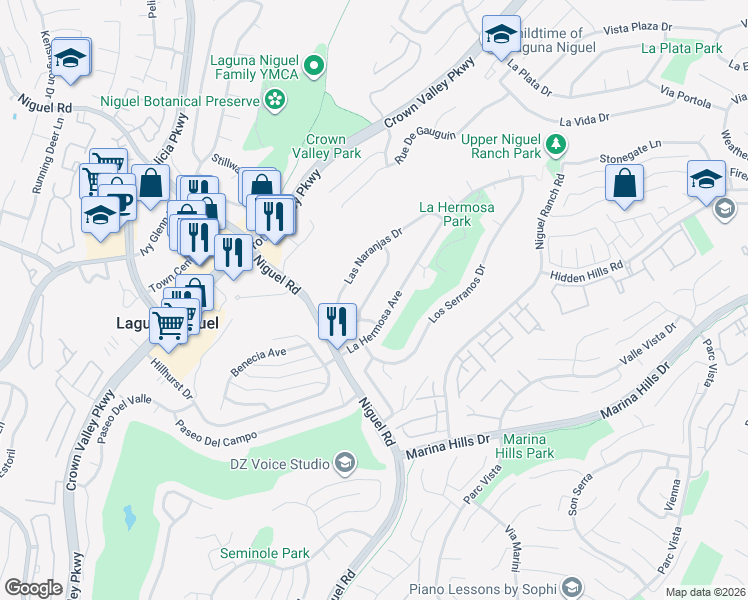 map of restaurants, bars, coffee shops, grocery stores, and more near 24241 Via Aquara Avenue in Laguna Niguel