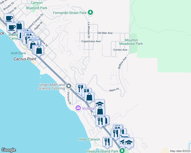 map of restaurants, bars, coffee shops, grocery stores, and more near 499 Nyes Place in Laguna Beach