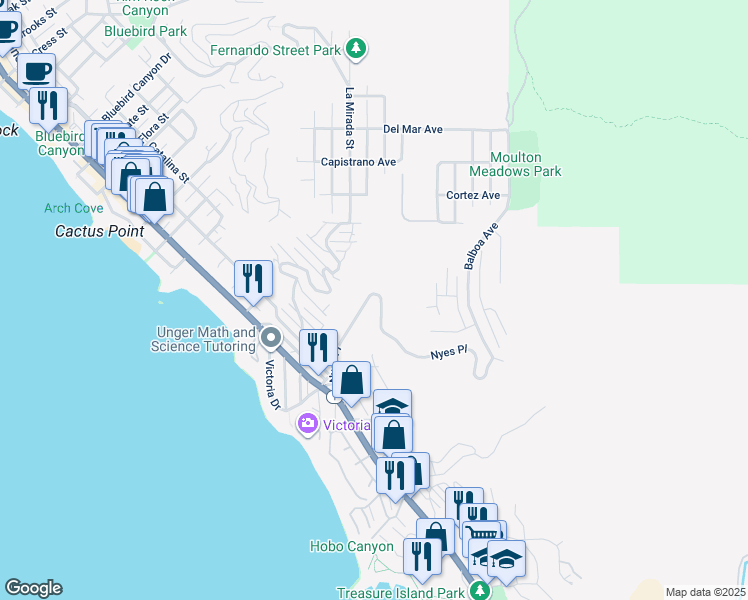 map of restaurants, bars, coffee shops, grocery stores, and more near 499 Nyes Place in Laguna Beach
