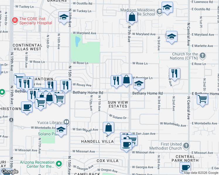 map of restaurants, bars, coffee shops, grocery stores, and more near 6030 North 10th Avenue in Phoenix