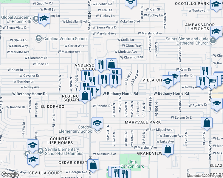map of restaurants, bars, coffee shops, grocery stores, and more near 3320 West Bethany Home Road in Phoenix