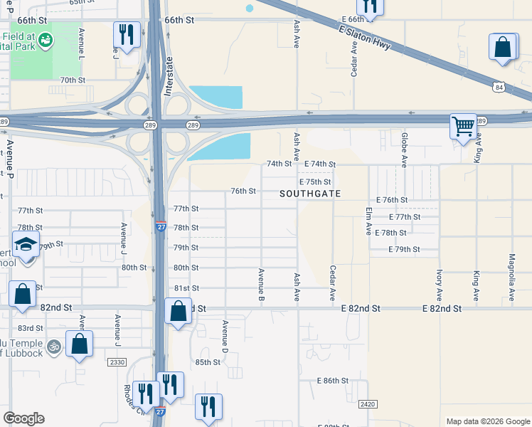 map of restaurants, bars, coffee shops, grocery stores, and more near 121 77th Street in Lubbock