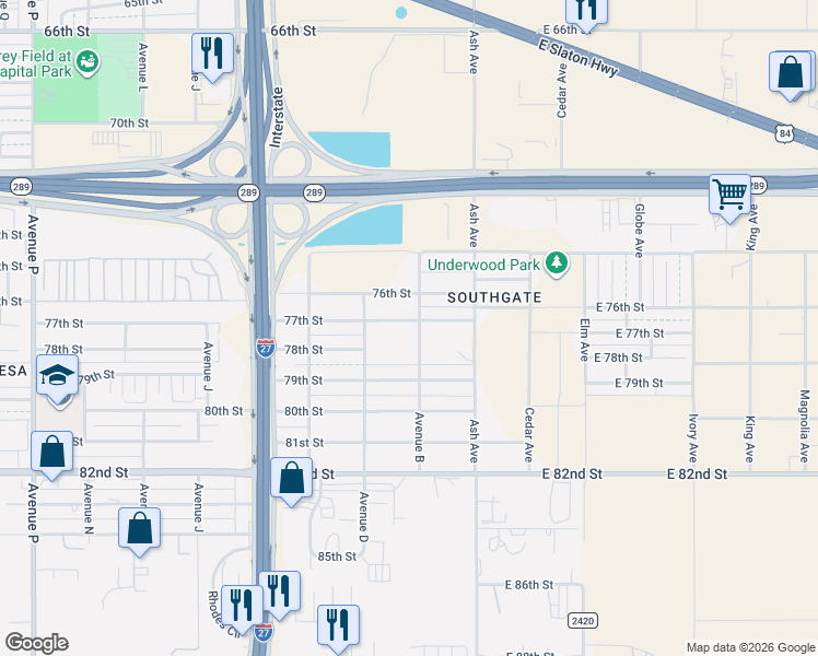 map of restaurants, bars, coffee shops, grocery stores, and more near 302 77th Street in Lubbock