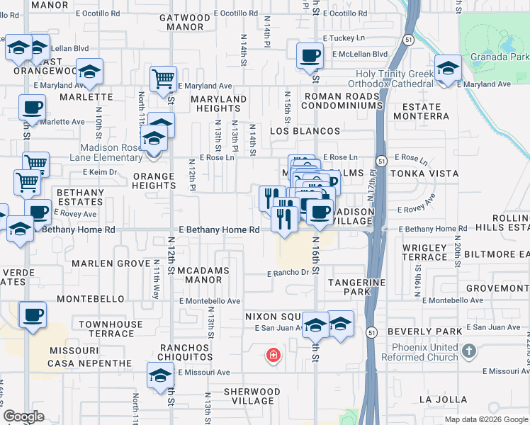 map of restaurants, bars, coffee shops, grocery stores, and more near 6030 North 15th Street in Phoenix