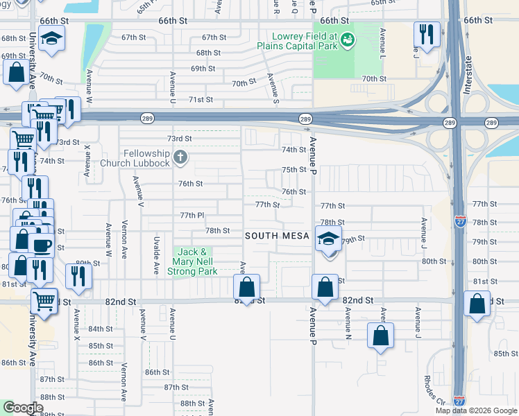 map of restaurants, bars, coffee shops, grocery stores, and more near 1810 77th Street in Lubbock