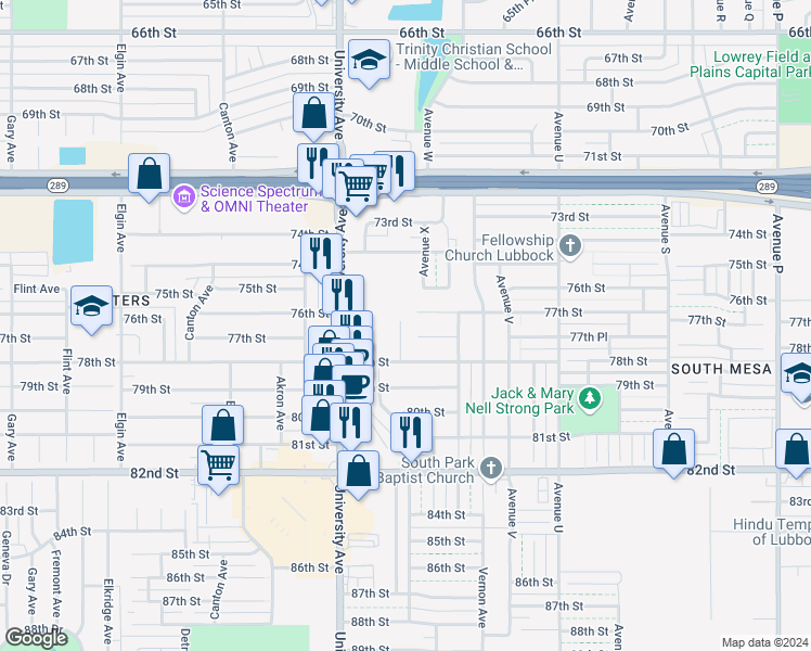 map of restaurants, bars, coffee shops, grocery stores, and more near 2332 78th Street in Lubbock
