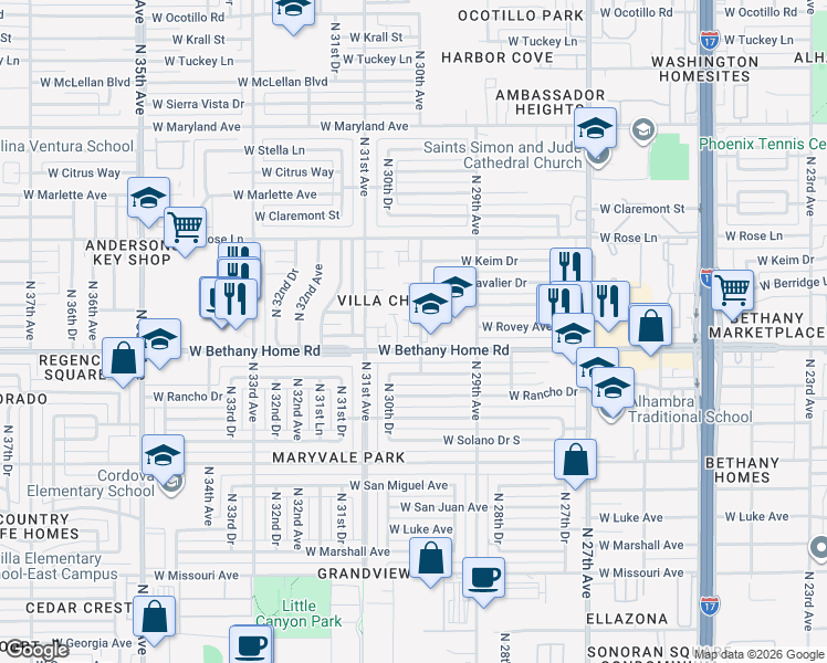map of restaurants, bars, coffee shops, grocery stores, and more near 6024 North 30th Avenue in Phoenix