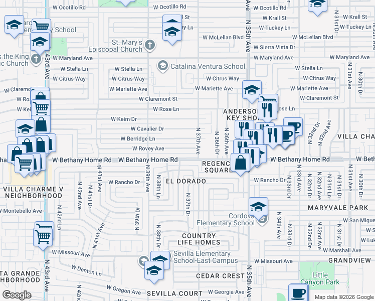 map of restaurants, bars, coffee shops, grocery stores, and more near 3730 West Rovey Avenue in Phoenix