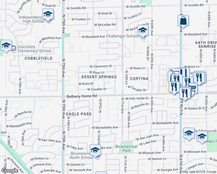 map of restaurants, bars, coffee shops, grocery stores, and more near 6037 North 71st Lane in Glendale