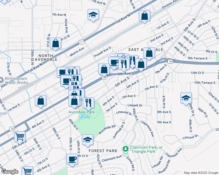 map of restaurants, bars, coffee shops, grocery stores, and more near 4274 4th Avenue South in Birmingham