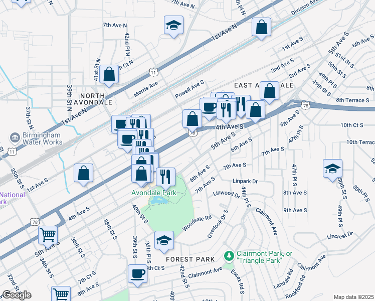 map of restaurants, bars, coffee shops, grocery stores, and more near 4274 4th Avenue South in Birmingham
