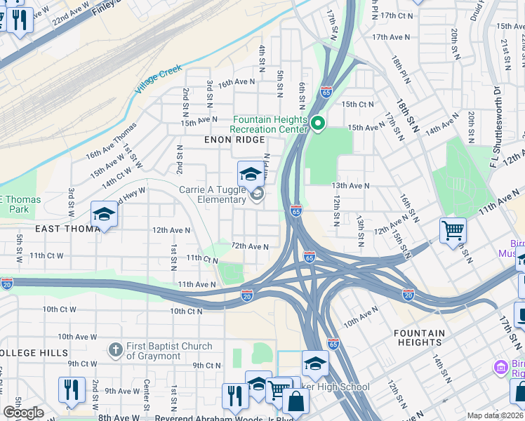 map of restaurants, bars, coffee shops, grocery stores, and more near 1239 4th Place North in Birmingham