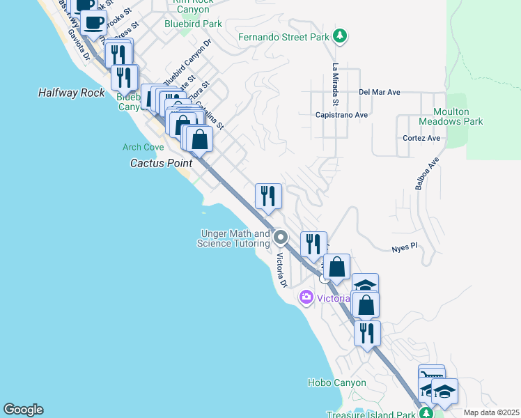 map of restaurants, bars, coffee shops, grocery stores, and more near 2442 South Coast Highway in Laguna Beach