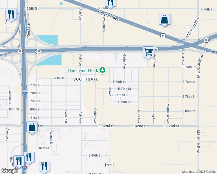 map of restaurants, bars, coffee shops, grocery stores, and more near 7417 Elm Avenue in Lubbock
