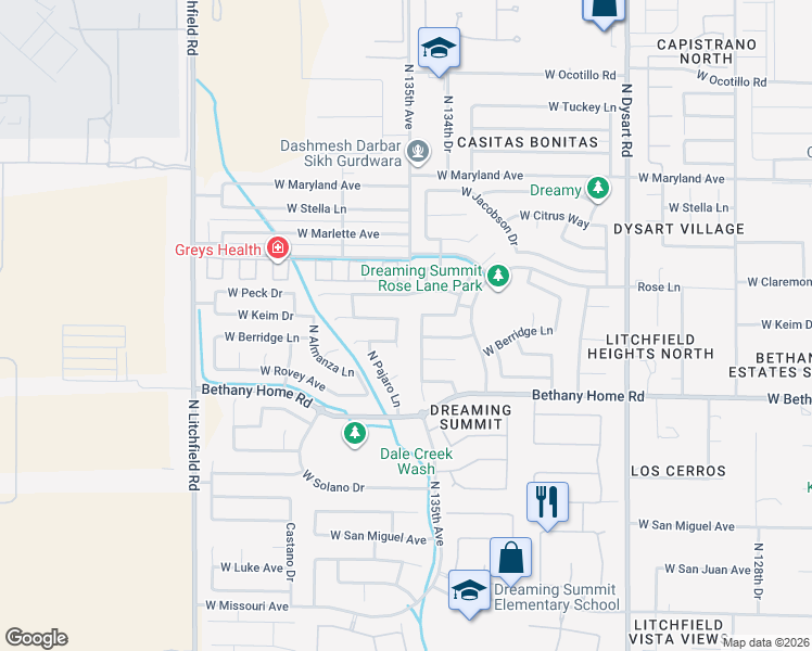 map of restaurants, bars, coffee shops, grocery stores, and more near 13512 West Keim Drive in Litchfield Park
