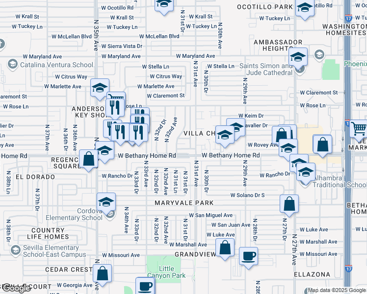 map of restaurants, bars, coffee shops, grocery stores, and more near 3116 West Rovey Avenue in Phoenix