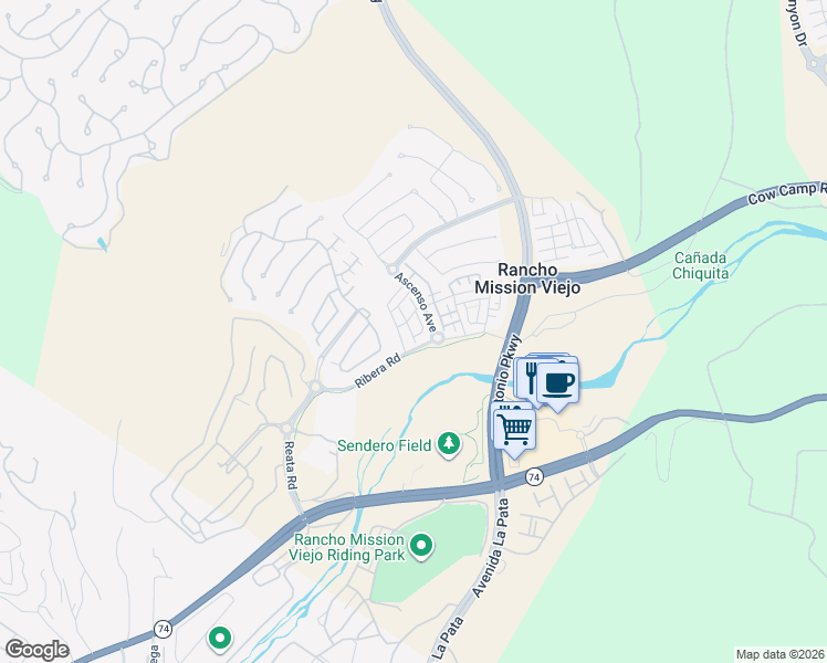 map of restaurants, bars, coffee shops, grocery stores, and more near 10 Pampana Street in Ladera Ranch