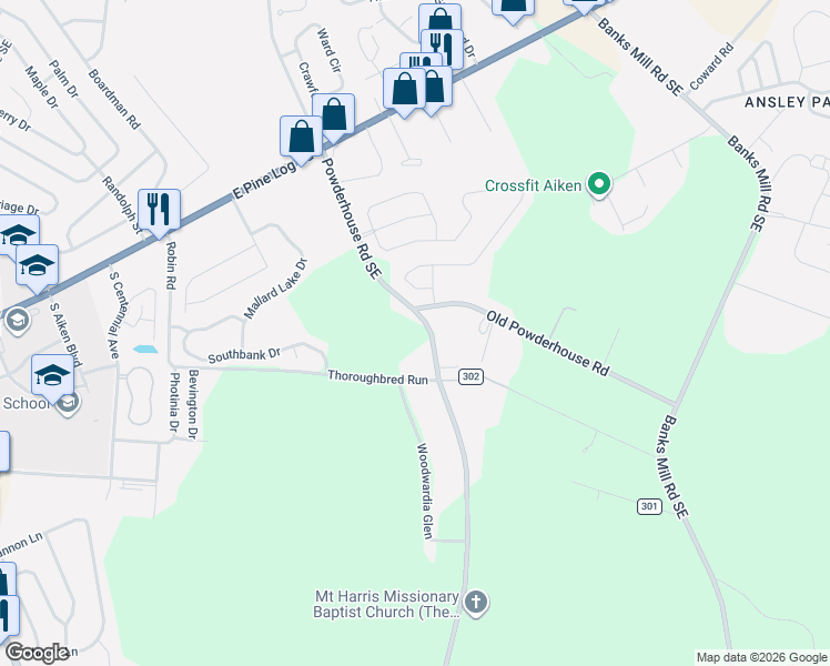 map of restaurants, bars, coffee shops, grocery stores, and more near 1340-1386 Powderhouse Rd SE in Aiken