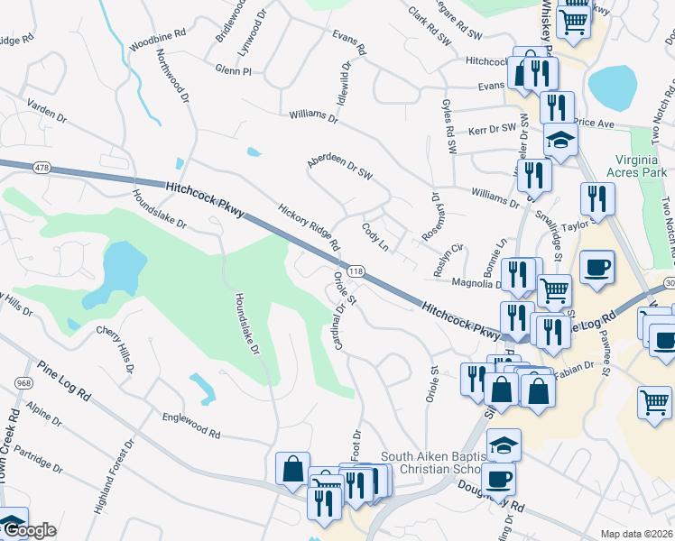 map of restaurants, bars, coffee shops, grocery stores, and more near 2 Woodhill Place in Aiken