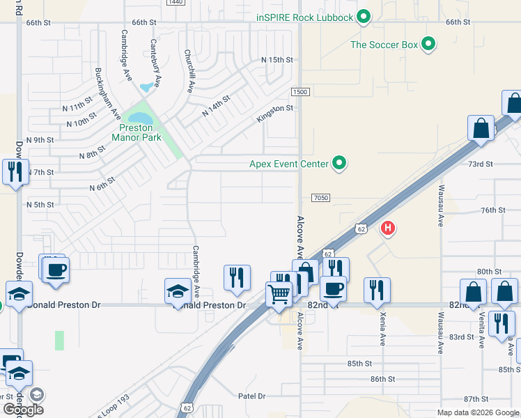 map of restaurants, bars, coffee shops, grocery stores, and more near 7701 Alcove Avenue in Wolfforth