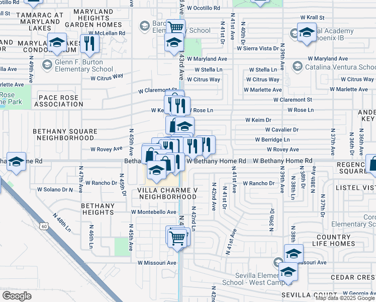 map of restaurants, bars, coffee shops, grocery stores, and more near 6001 North 43rd Avenue in Phoenix