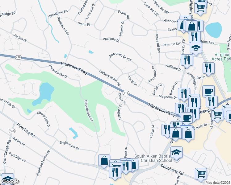 map of restaurants, bars, coffee shops, grocery stores, and more near 2 Woodhill Place in Aiken