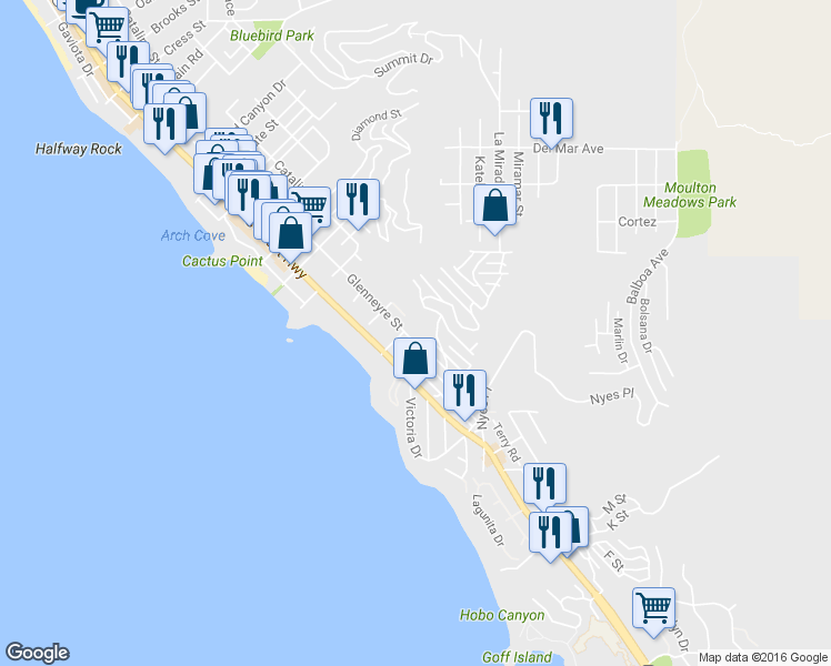 map of restaurants, bars, coffee shops, grocery stores, and more near 2460 Glenneyre Street in Laguna Beach