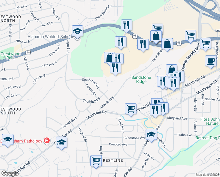 map of restaurants, bars, coffee shops, grocery stores, and more near 1317 Southhall Road in Birmingham