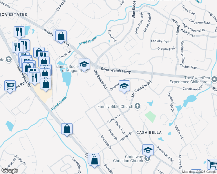 map of restaurants, bars, coffee shops, grocery stores, and more near 422 Old Evans Road in Martinez