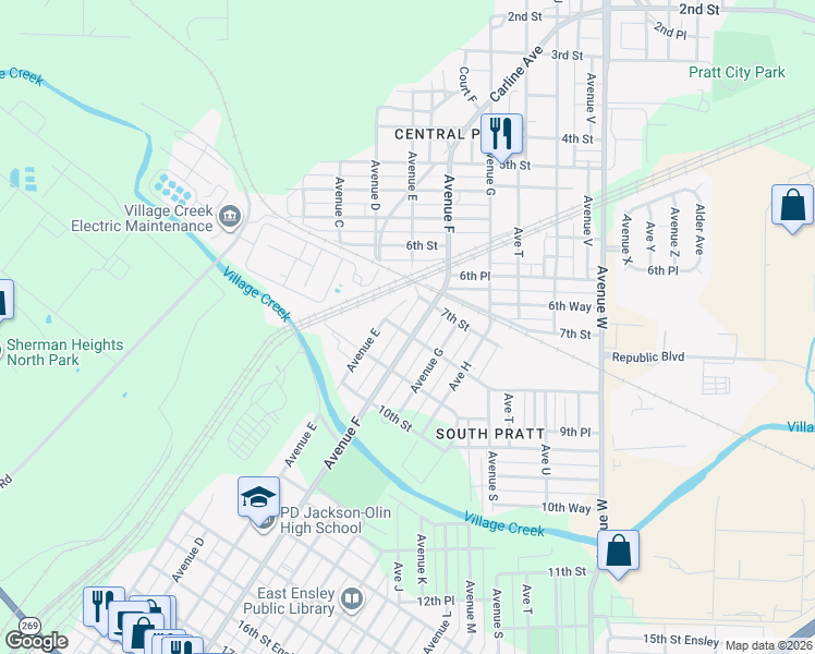 map of restaurants, bars, coffee shops, grocery stores, and more near 713 Avenue F in Birmingham