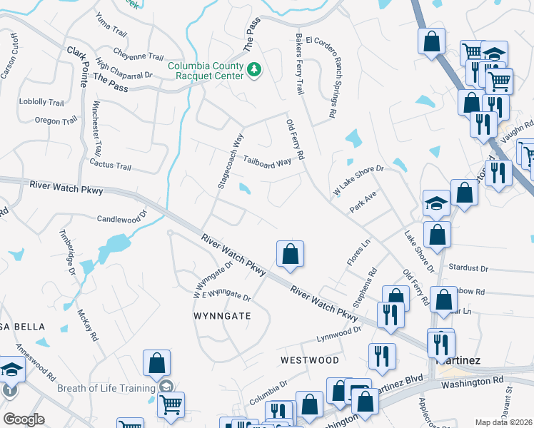 map of restaurants, bars, coffee shops, grocery stores, and more near 3733 Pine Ridge Run in Martinez