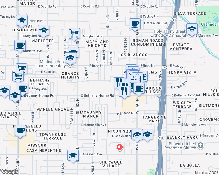 map of restaurants, bars, coffee shops, grocery stores, and more near 1420 East Bethany Home Road in Phoenix