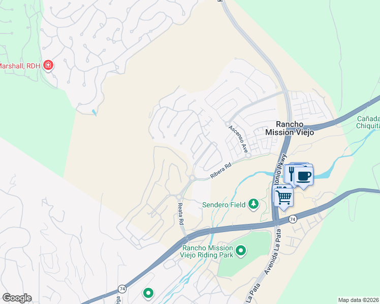 map of restaurants, bars, coffee shops, grocery stores, and more near 32 Baya Street in Ladera Ranch