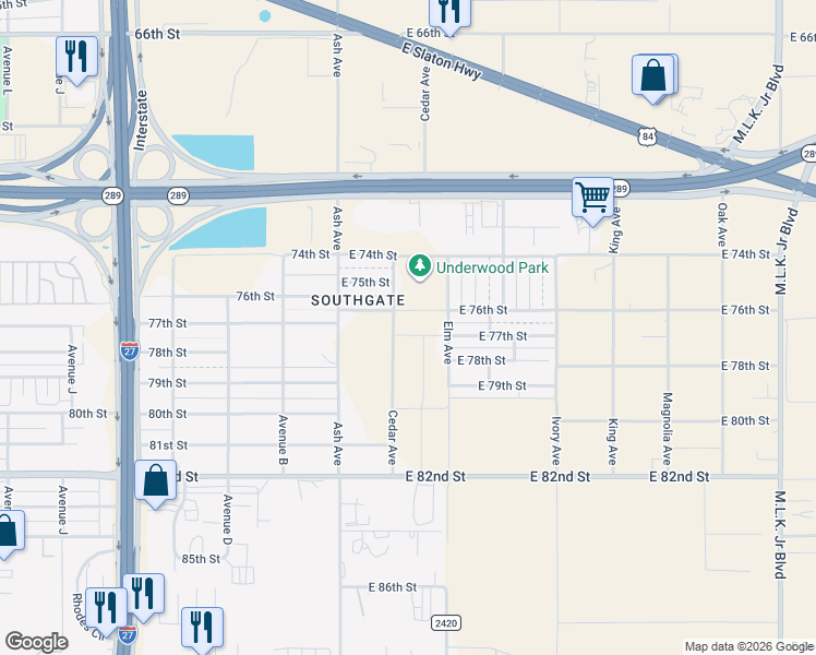map of restaurants, bars, coffee shops, grocery stores, and more near 7902-7944 Cedar Avenue in Lubbock