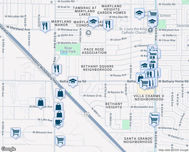 map of restaurants, bars, coffee shops, grocery stores, and more near 6021 North 48th Avenue in Glendale
