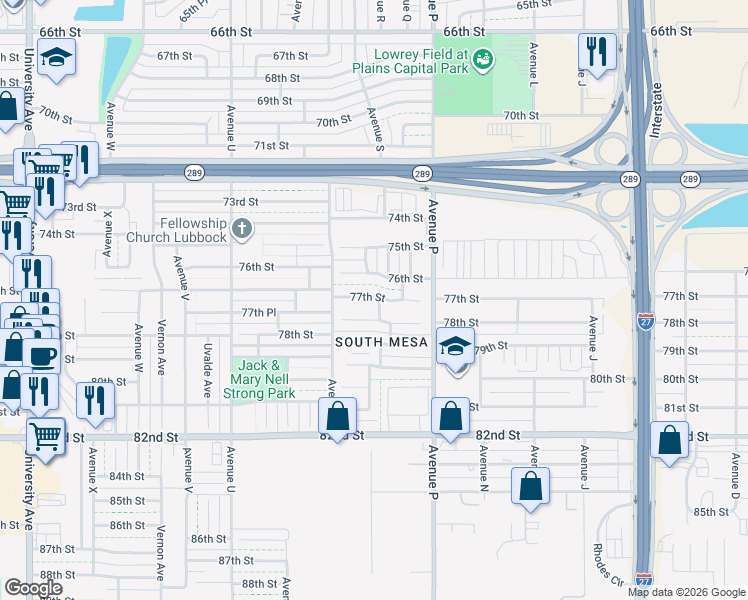map of restaurants, bars, coffee shops, grocery stores, and more near 1810 77th Street in Lubbock