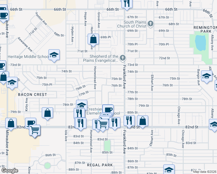 map of restaurants, bars, coffee shops, grocery stores, and more near 5814 76th Street in Lubbock