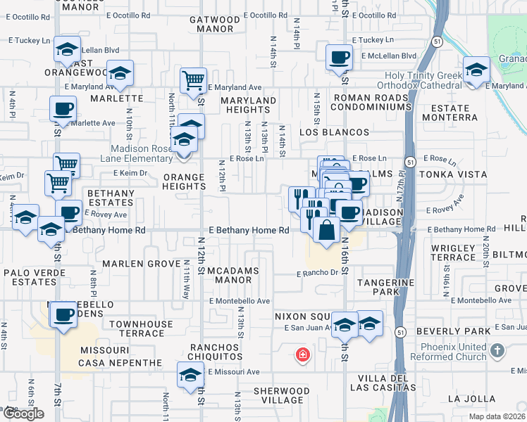 map of restaurants, bars, coffee shops, grocery stores, and more near 1320 East Bethany Home Road in Phoenix