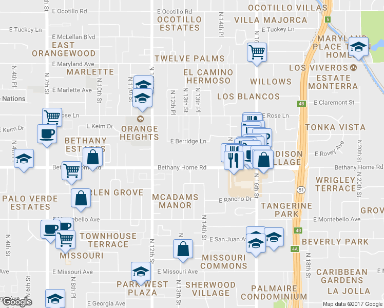 map of restaurants, bars, coffee shops, grocery stores, and more near 1320 East Bethany Home Road in Phoenix