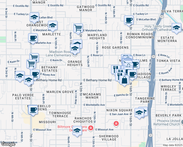 map of restaurants, bars, coffee shops, grocery stores, and more near 19 East Berridge Lane in Phoenix