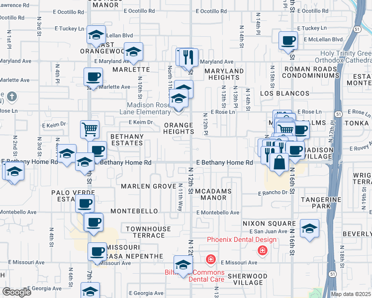 map of restaurants, bars, coffee shops, grocery stores, and more near 1204 East Bethany Home Road in Phoenix
