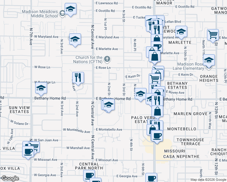 map of restaurants, bars, coffee shops, grocery stores, and more near 6031 North 2nd Street in Phoenix