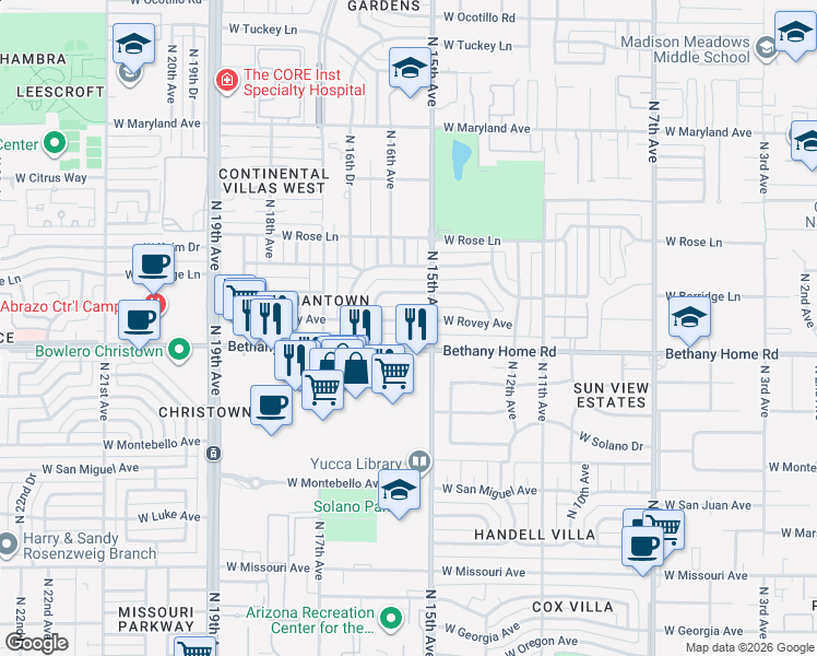 map of restaurants, bars, coffee shops, grocery stores, and more near 1520 West Rovey Avenue in Phoenix