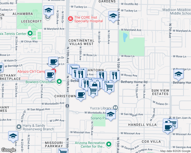 map of restaurants, bars, coffee shops, grocery stores, and more near 6027 North 17th Avenue in Phoenix