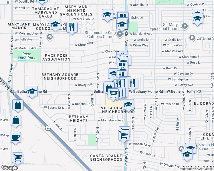 map of restaurants, bars, coffee shops, grocery stores, and more near 4429 West Rovey Avenue in Glendale