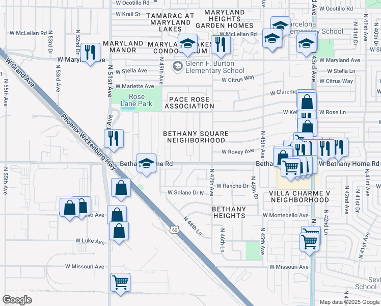 map of restaurants, bars, coffee shops, grocery stores, and more near 4816 West Bethany Home Road in Glendale