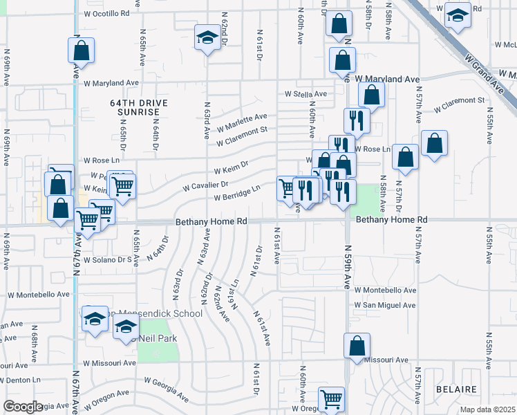 map of restaurants, bars, coffee shops, grocery stores, and more near 6022 North 62nd Avenue in Glendale