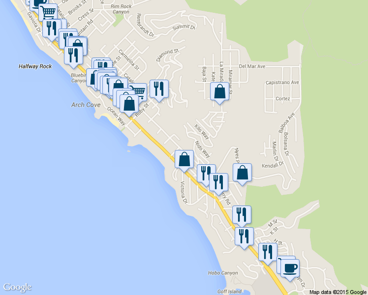 map of restaurants, bars, coffee shops, grocery stores, and more near 2460 Glenneyre Street in Laguna Beach