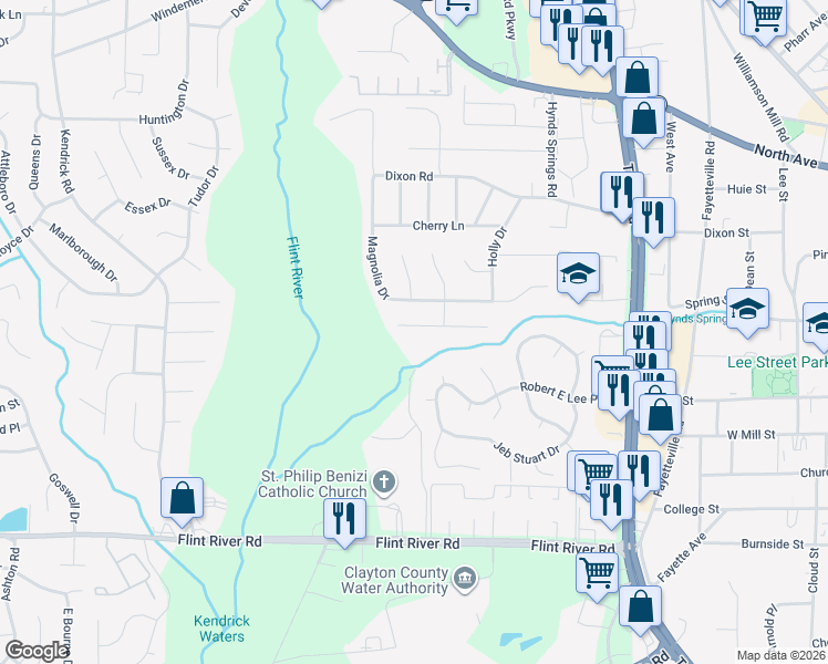 map of restaurants, bars, coffee shops, grocery stores, and more near 582 Sycamore Drive in Jonesboro