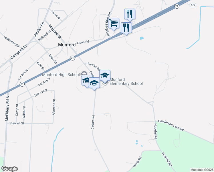 map of restaurants, bars, coffee shops, grocery stores, and more near 365 Cedars Road in Munford